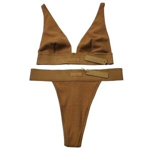 SKIMS‎ Cotton Rib Plunge Bralette + Thong Set Camel Womens XXS